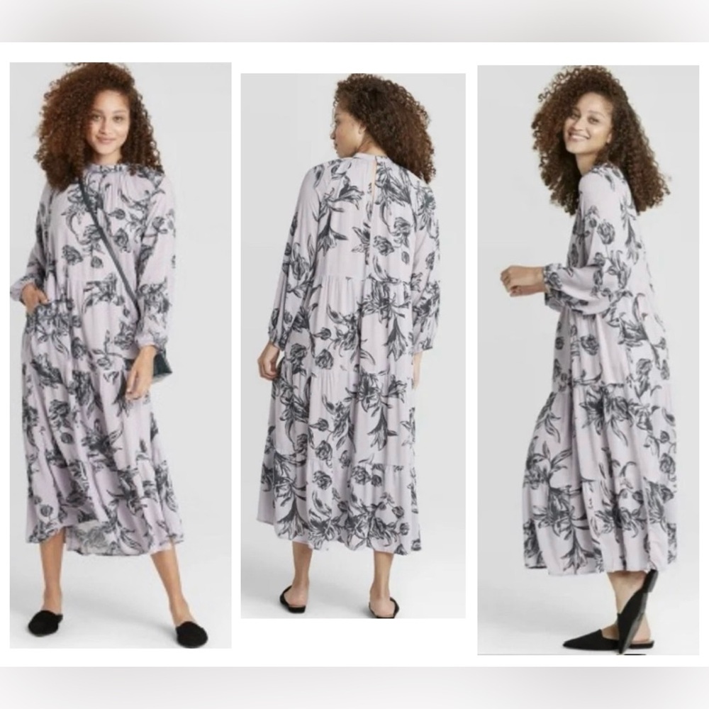 A New Day Women's Floral Print Long Sleeve Tiered Dress | Light Purple | Medium